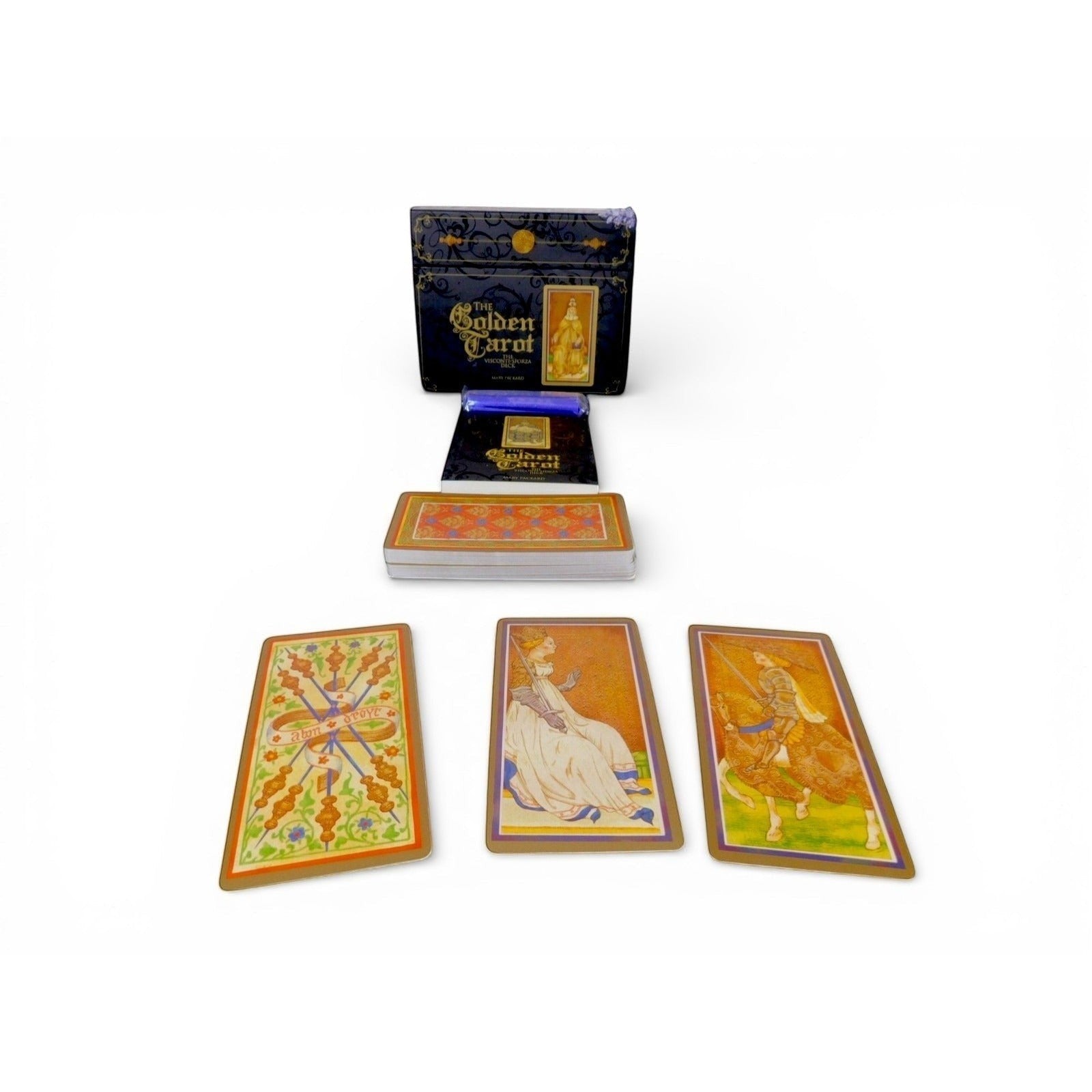 The Witches' Quest Golden Tarot Visconti-Sforza deck with guidebook, storage box, and medieval-style illustrated cards.