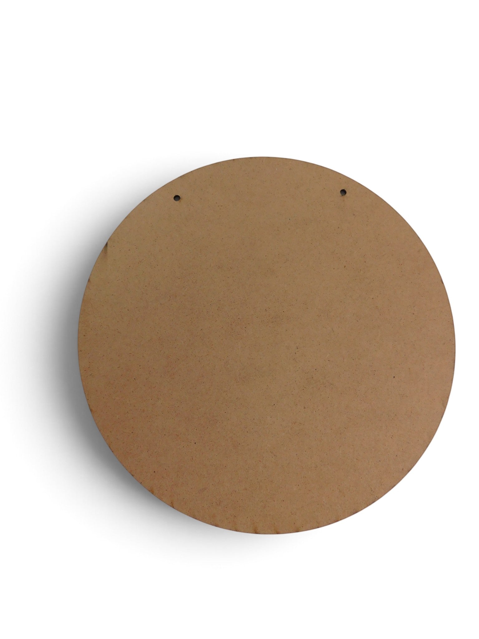 The Witches' Quest 8-inch round wooden Wheel of the Year plaque showing the plain back side with two hanging holes.