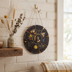 The Witches' Quest 8-inch round Wheel of the Year wall plaque featuring seasonal sabbat illustrations and central owl