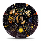 The Witches' Quest circular Wheel of the Year plaque featuring seasonal illustrations, dates, and festivals.