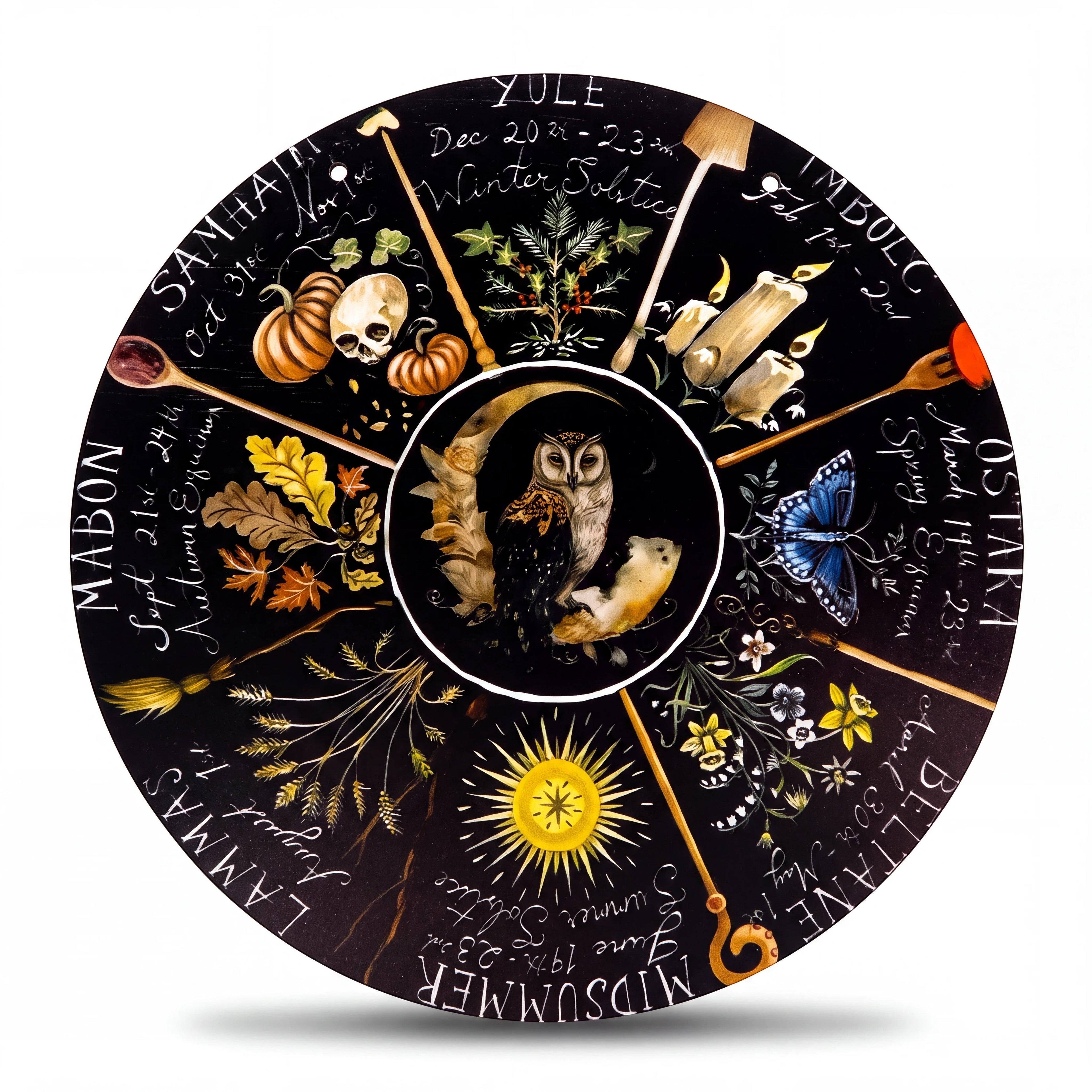 The Witches' Quest circular Wheel of the Year plaque featuring seasonal illustrations, dates, and festivals.