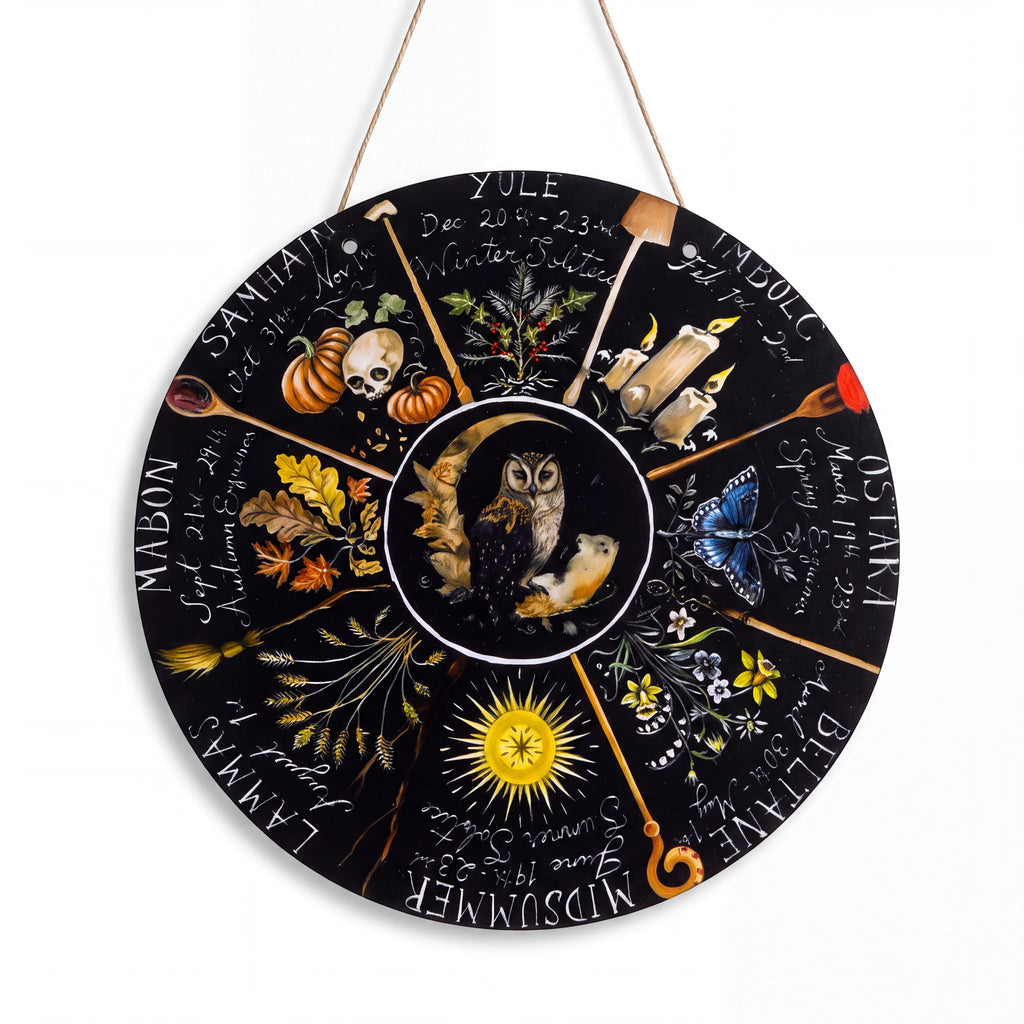 The Witches' Quest 8-inch round Wheel of the Year wall plaque featuring seasonal sabbat illustrations and central owl.