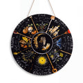 The Witches' Quest 8-inch round Wheel of the Year wall plaque featuring seasonal sabbat illustrations and central owl.