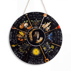 The Witches' Quest 8-inch round Wheel of the Year wall plaque featuring seasonal sabbat illustrations and central owl.