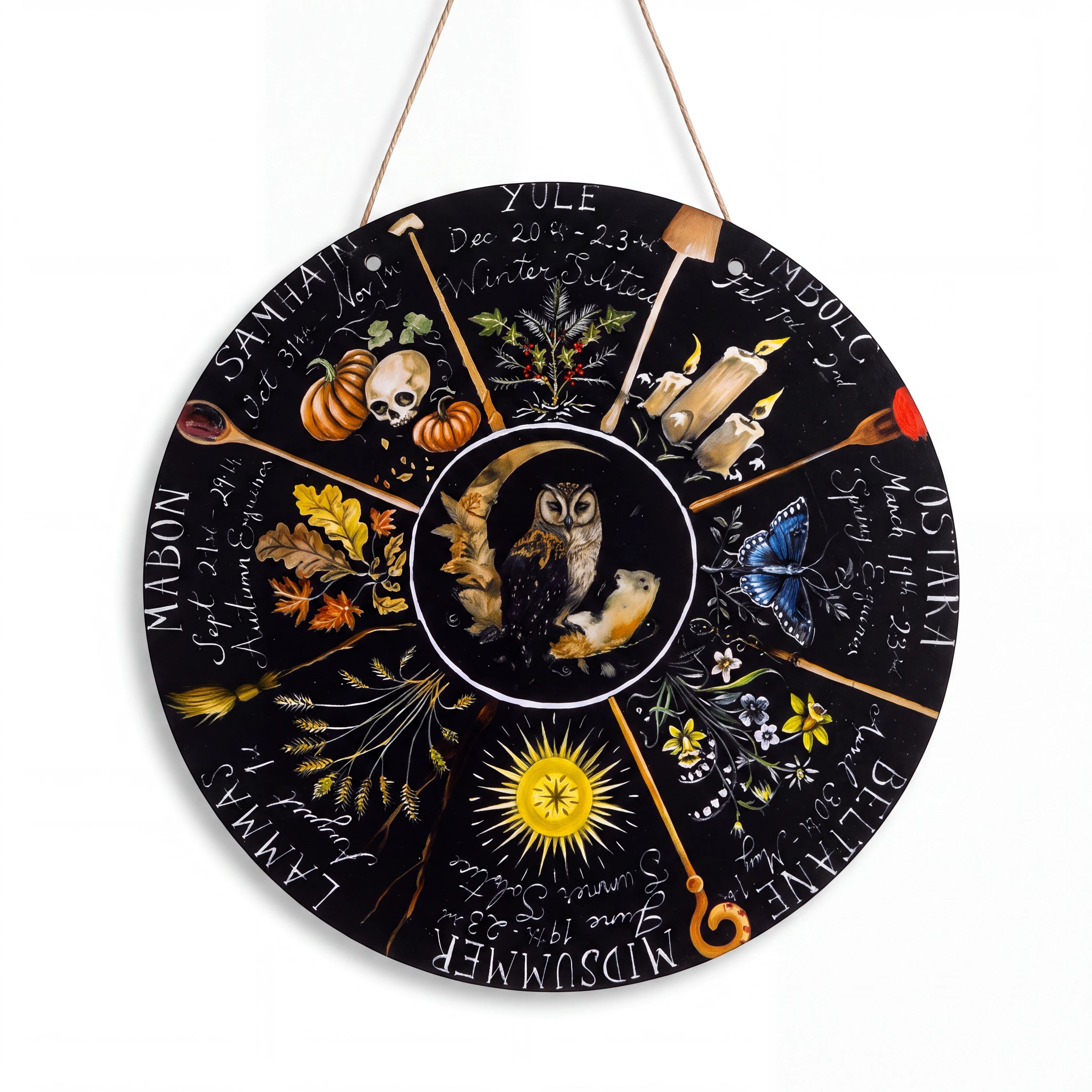 The Witches' Quest 8-inch round Wheel of the Year wall plaque featuring seasonal sabbat illustrations and central owl.