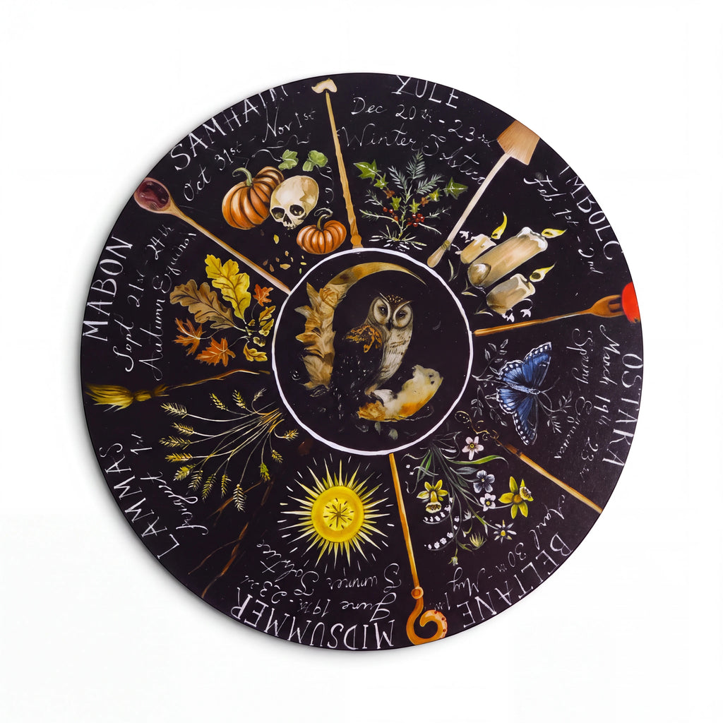 The Witches' Quest 8-inch round Wheel of the Year plaque featuring seasonal sabbat illustrations and a central owl.