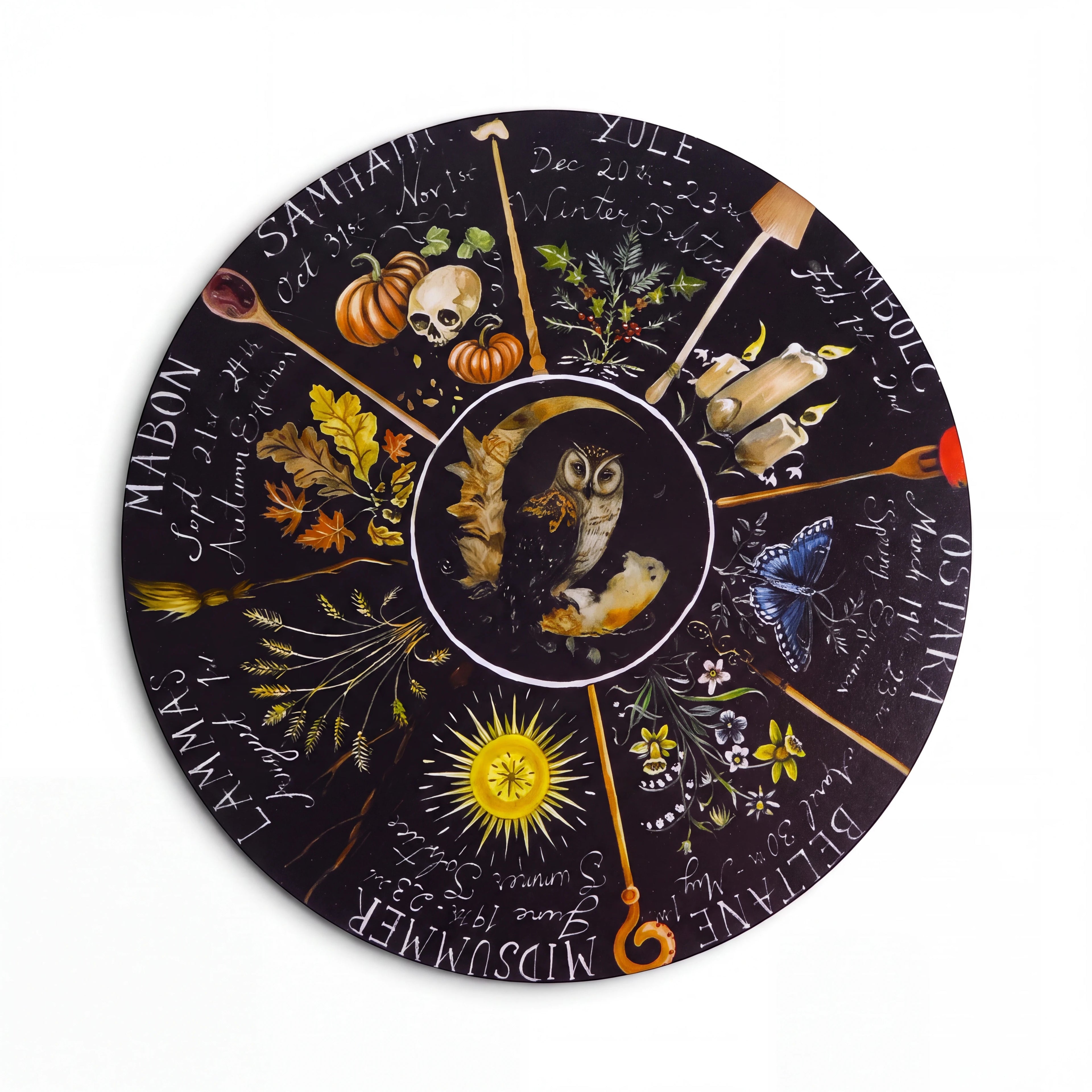 The Witches' Quest 8-inch round Wheel of the Year plaque featuring seasonal sabbat illustrations and a central owl.