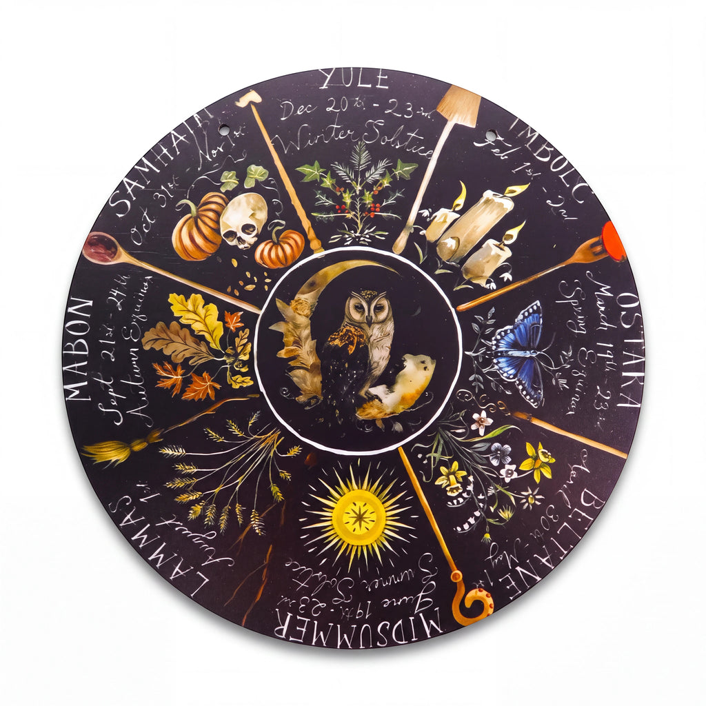 The Witches' Quest 8-inch round Wheel of the Year wall plaque featuring seasonal sabbat illustrations and a central owl.