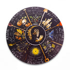 The Witches' Quest 8-inch round Wheel of the Year wall plaque featuring seasonal sabbat illustrations and a central owl.