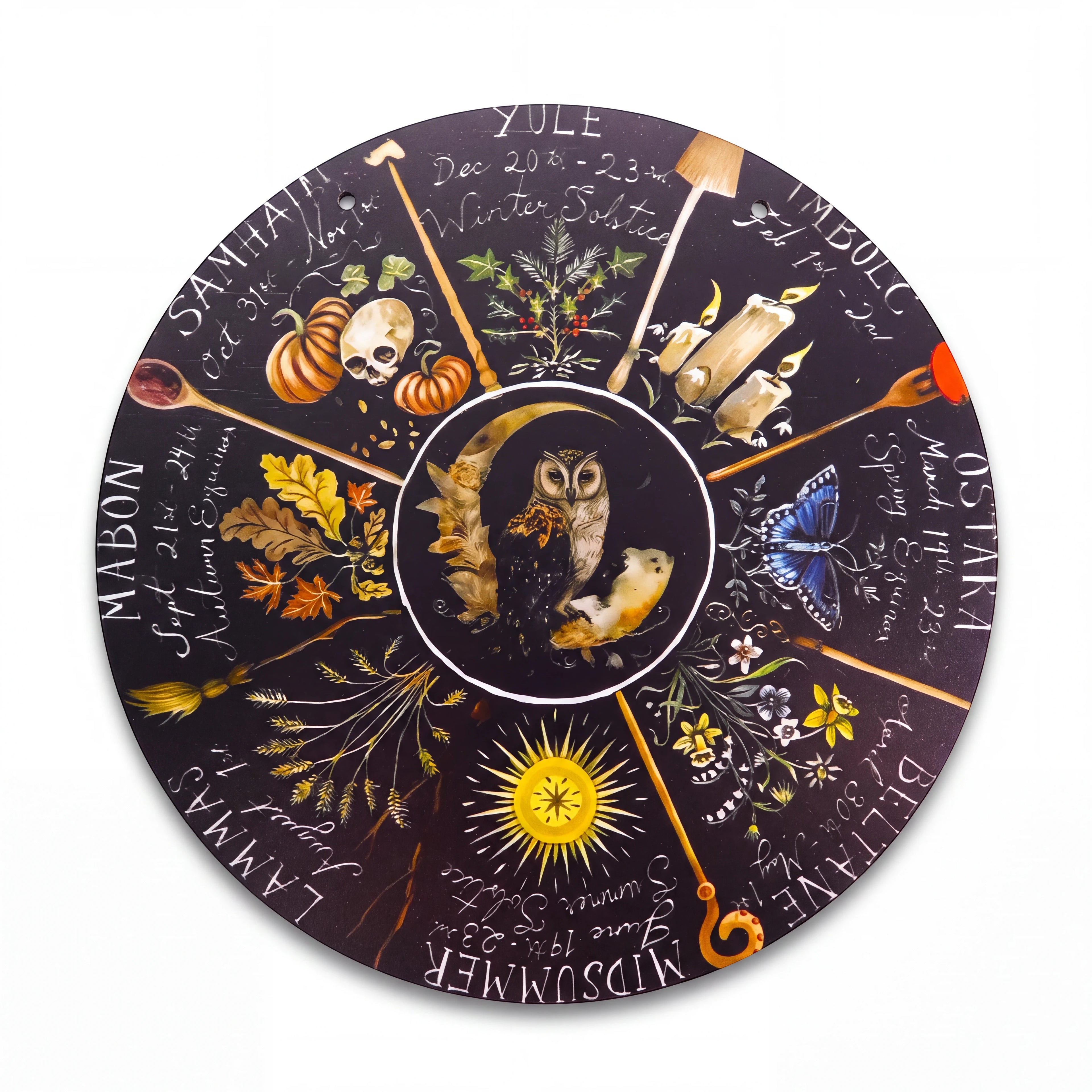 The Witches' Quest 8-inch round Wheel of the Year wall plaque featuring seasonal sabbat illustrations and a central owl.