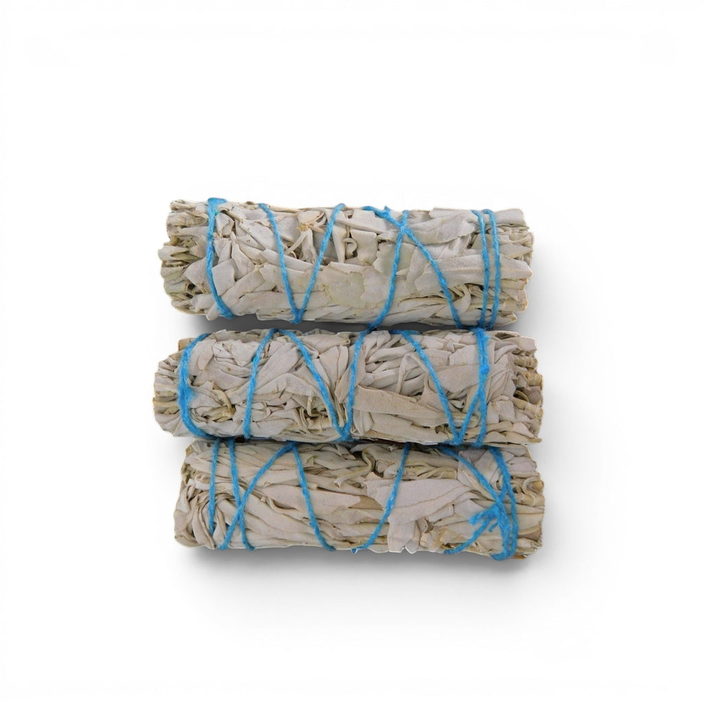 The Witches' Quest 3-pack of California white sage smudge sticks tied with blue cotton cord for energy cleansing.