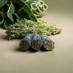 The Witches' Quest 3-pack of California white sage smudge sticks tied with blue cotton cord for energy cleansing.