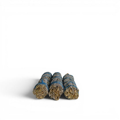 The Witches' Quest 3-pack of California white sage smudge sticks tied with blue cotton cord for spiritual cleansing.