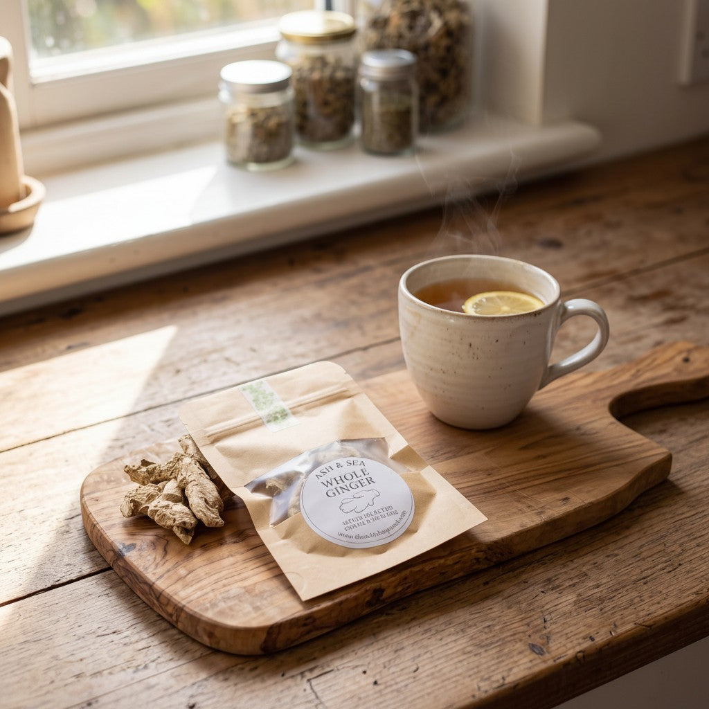 The Witches' Quest Ash & Sea whole dried ginger root in a kraft pouch with a ritual label on a wooden cutting board.