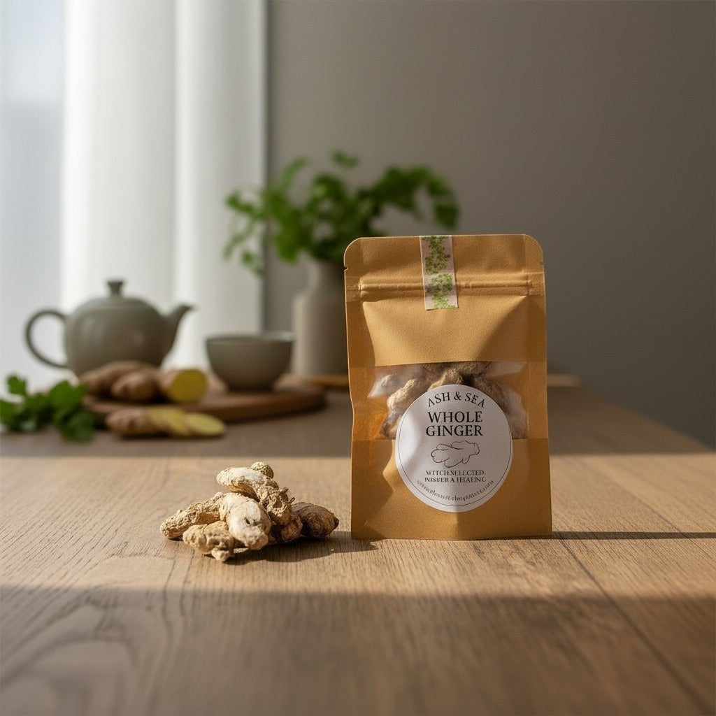 The Witches' Quest whole dried ginger root in a kraft pouch for ritual spellwork and healing magic on a wooden table.