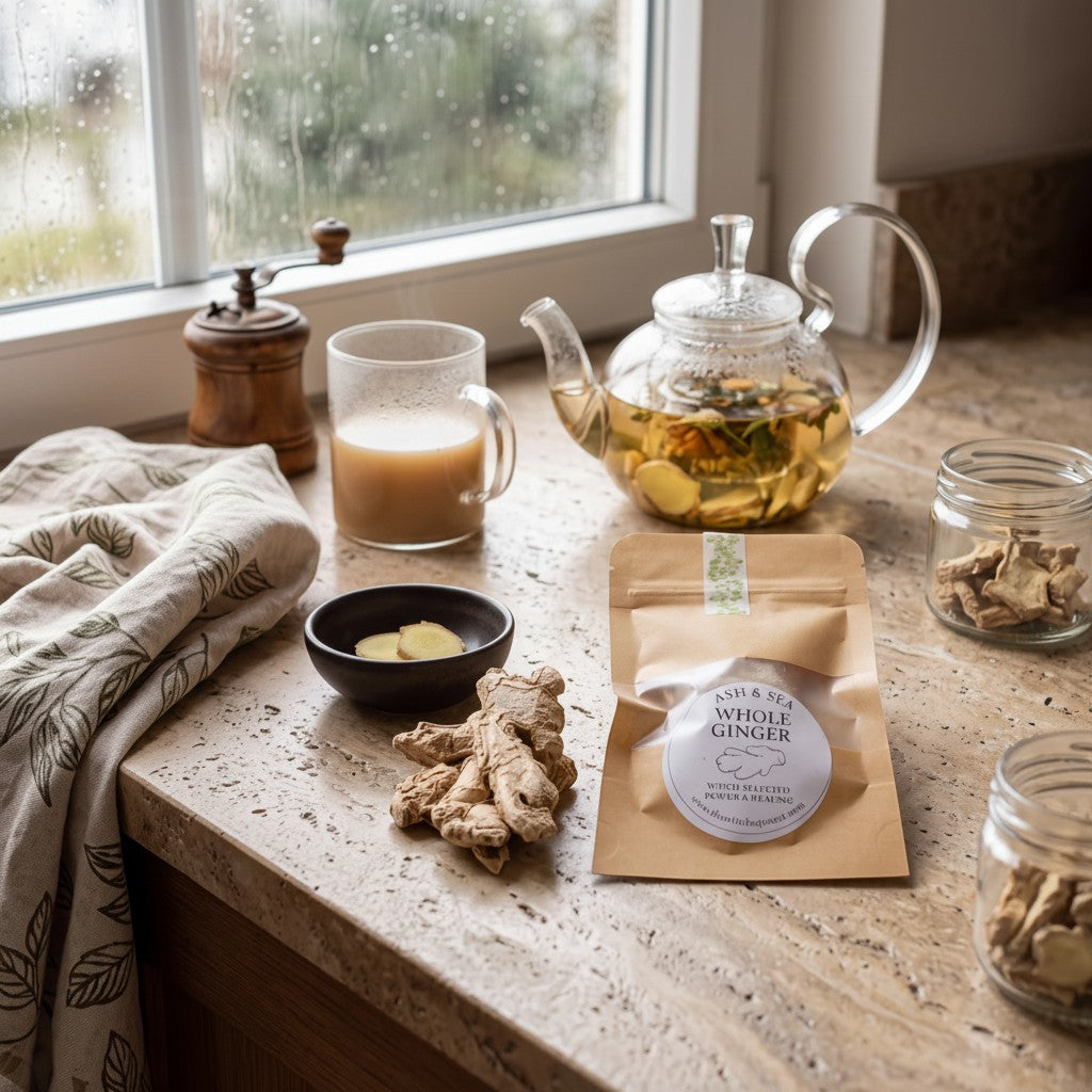 The Witches' Quest Ash & Sea whole dried ginger root in a kraft pouch for ritual spellwork and healing magic