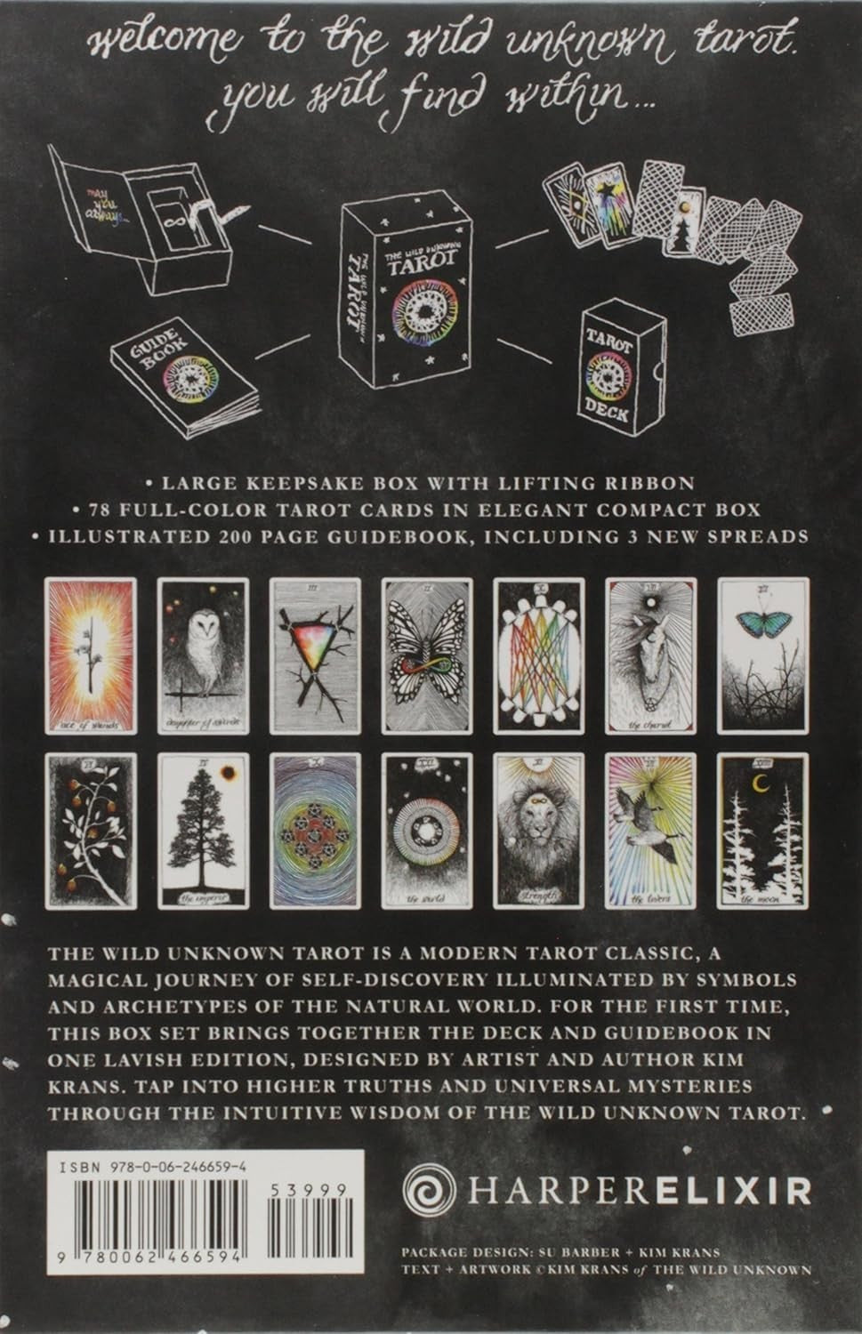 The Witches' Quest The Wild Unknown Tarot deck and guidebook box set back cover with card illustrations and details