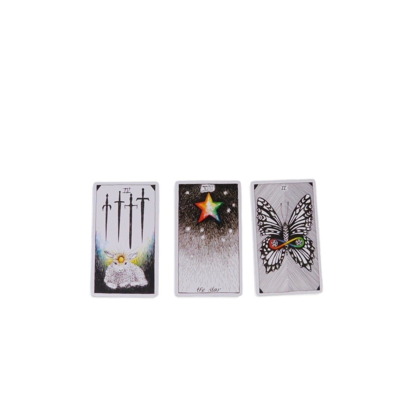 The Witches' Quest The Wild Unknown tarot cards featuring Four of Swords, The Star, and a butterfly card with line art