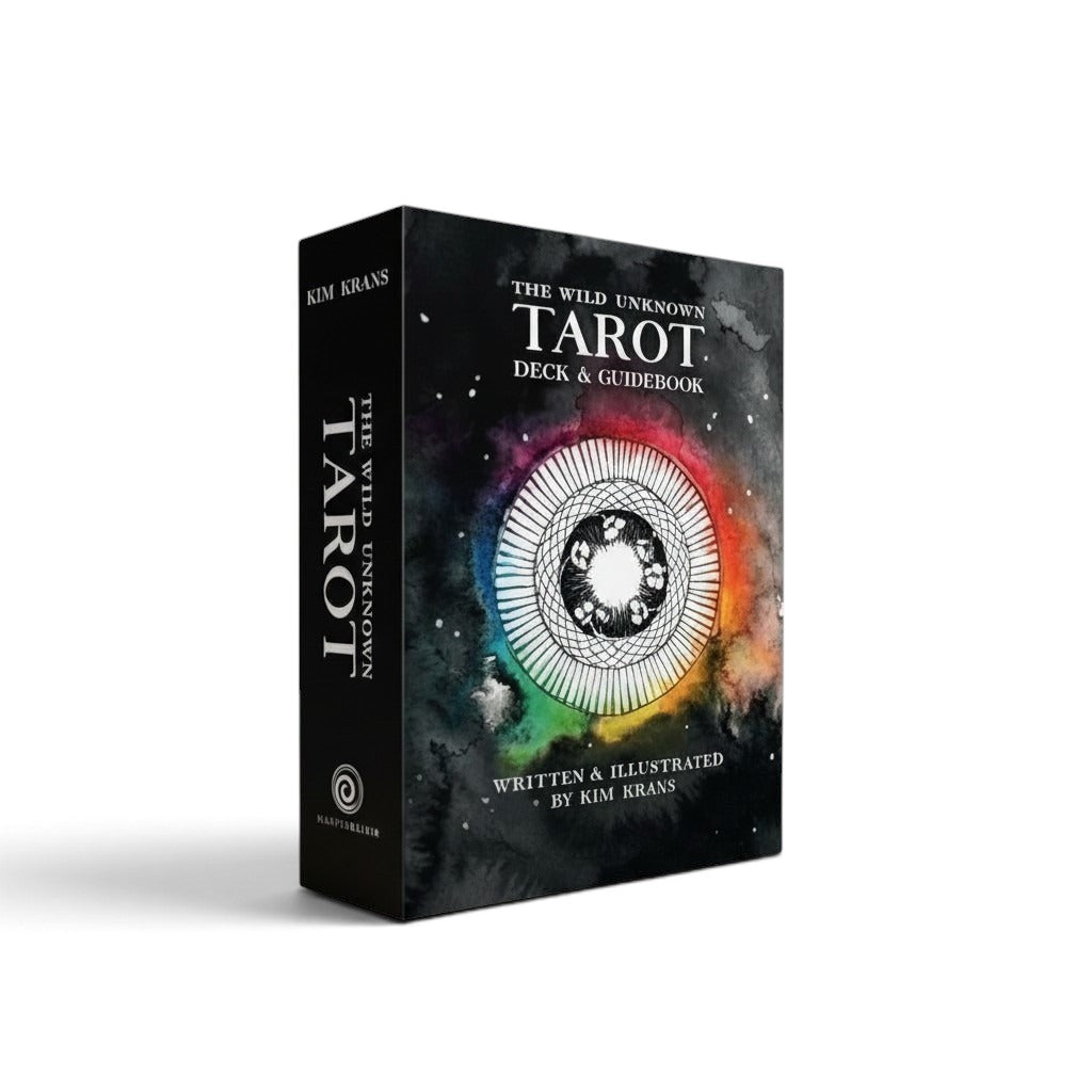 The Witches' Quest The Wild Unknown tarot deck and guidebook box set with black starry background and rainbow mandala art.
