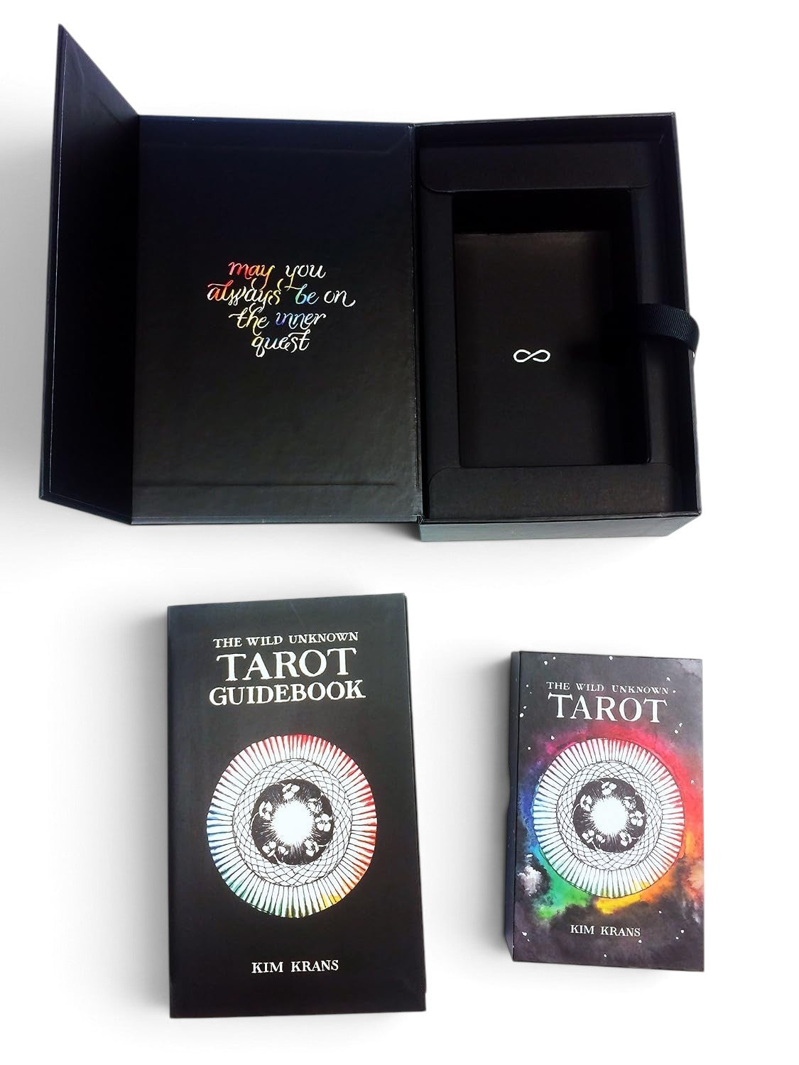 The Witches' Quest The Wild Unknown tarot deck and guidebook set with rainbow mandala art in a black keepsake box