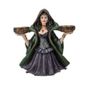The Witches' Quest witch statue candle holder in a green and purple gown holding two ornate tea light bowls.
