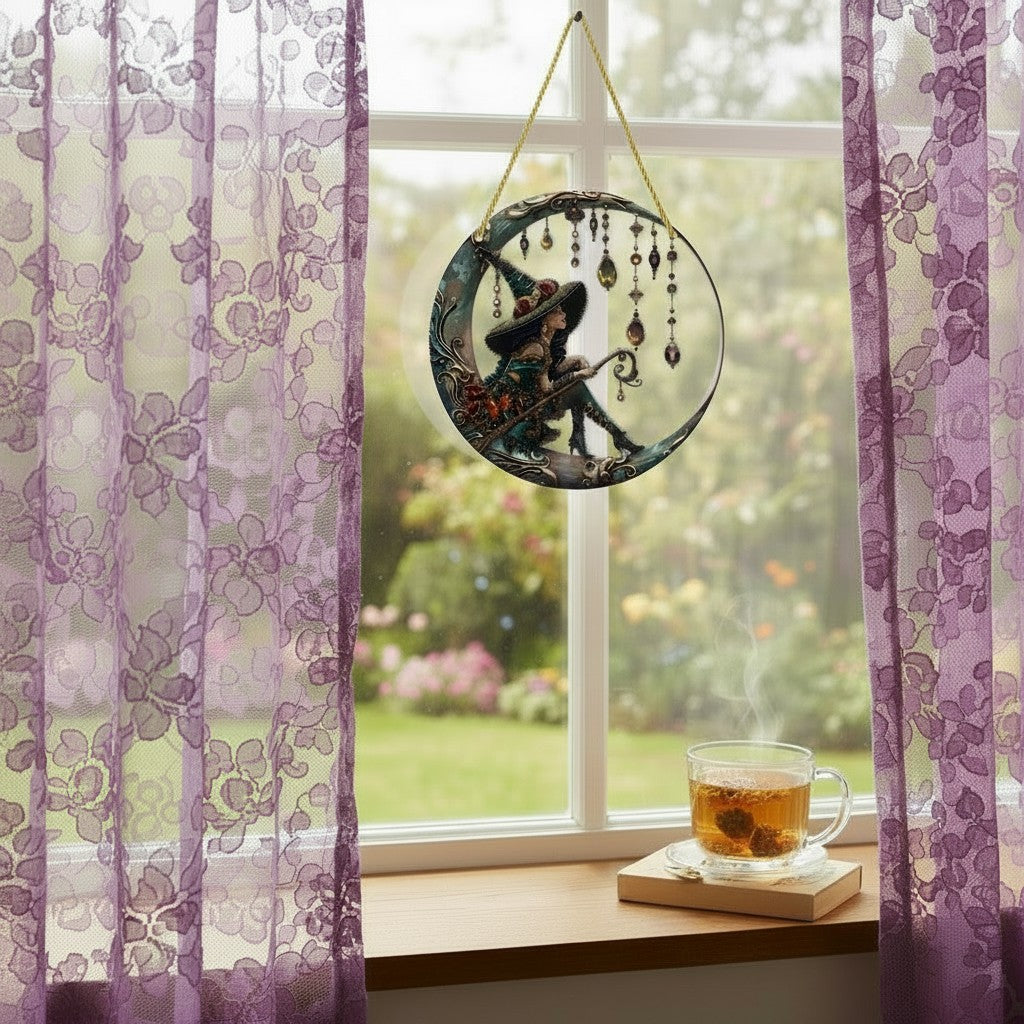 The Witches' Quest witch sitting on a crescent moon wall ornament with dangling jewels hanging in a window.