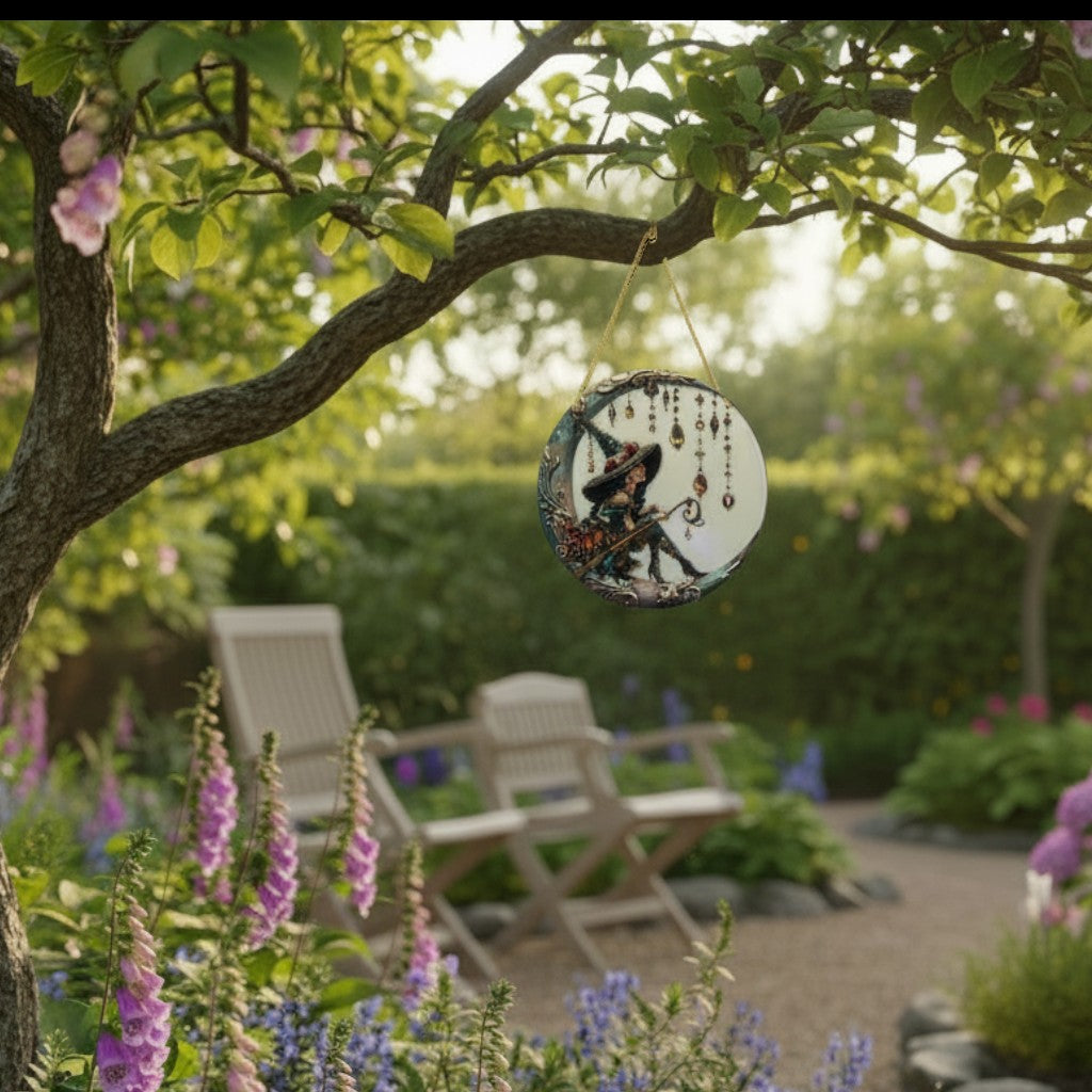 The Witches' Quest witch on crescent moon wall ornament hanging from a tree in a lush, blooming garden.
