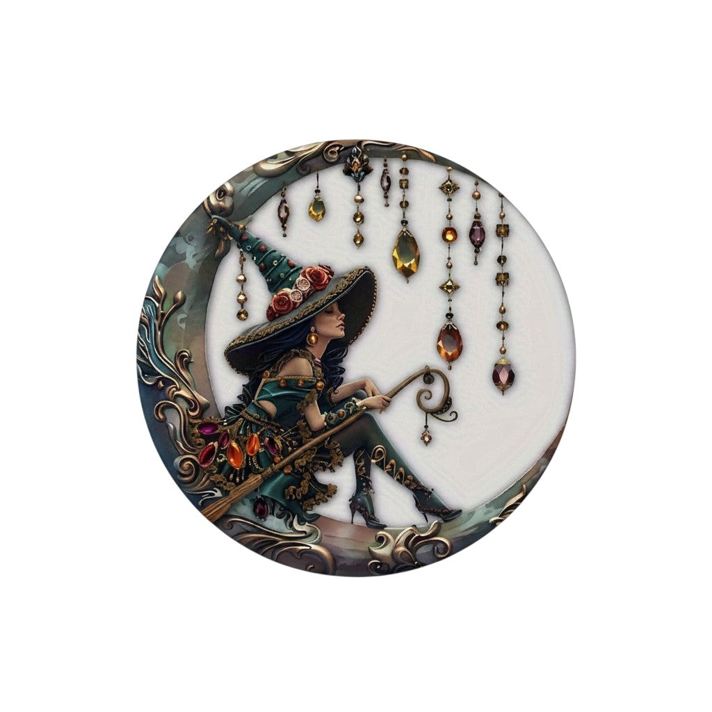 The Witches' Quest decorative witch sitting on a crescent moon wall ornament with jewel-toned dangling accents.