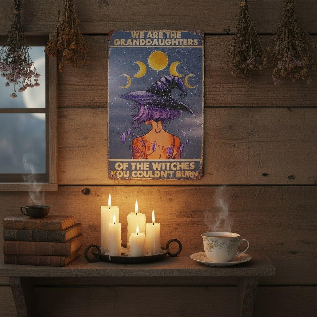 The Witches' Quest metal sign featuring a witch illustration, moon phases, and empowering text on a rustic wood wall.