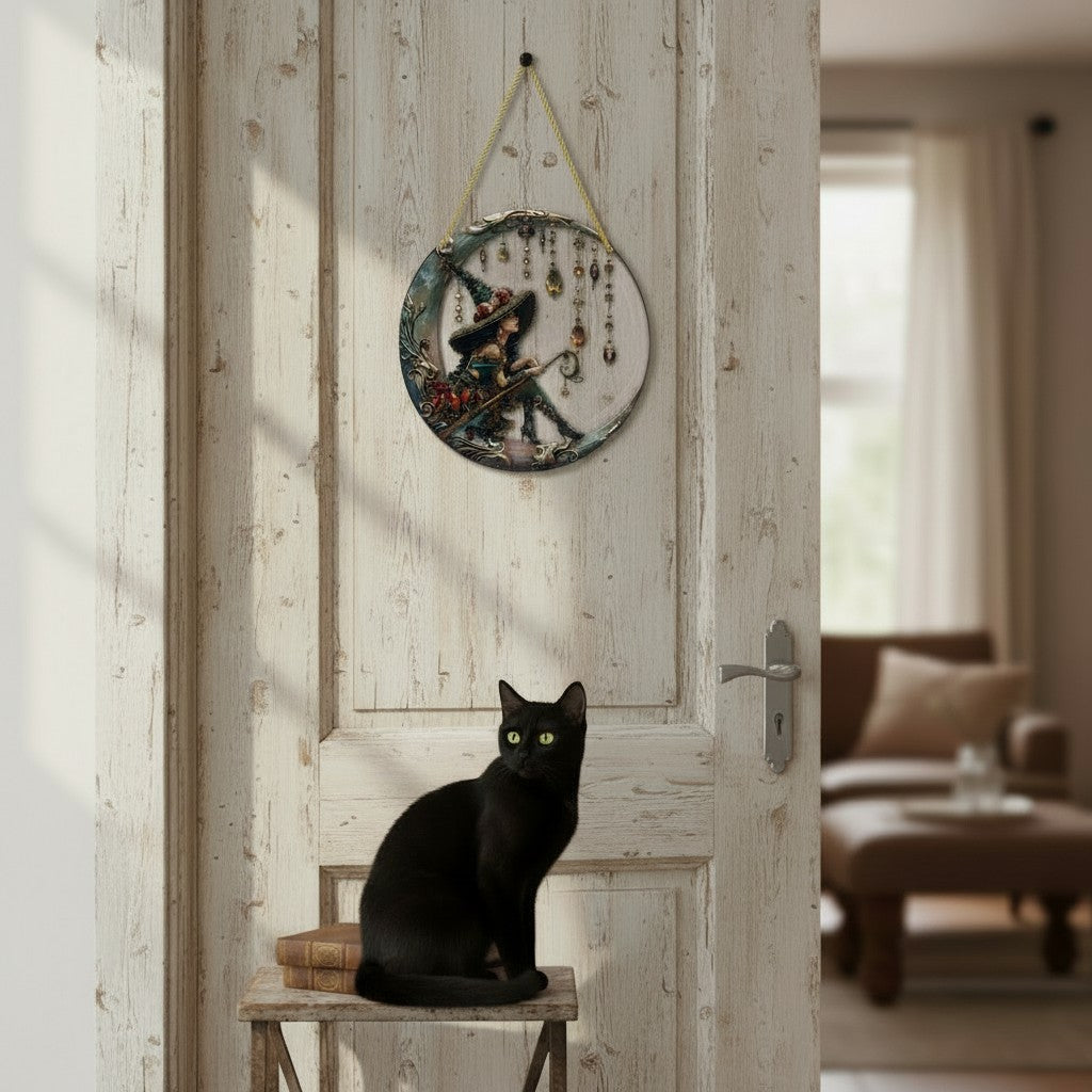 The Witches' Quest witch on crescent moon wall ornament with jewel accents hanging above a black cat on a wooden stool.