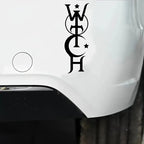 The Witches' Quest black witch themed vinyl decal sticker applied to a white car bumper