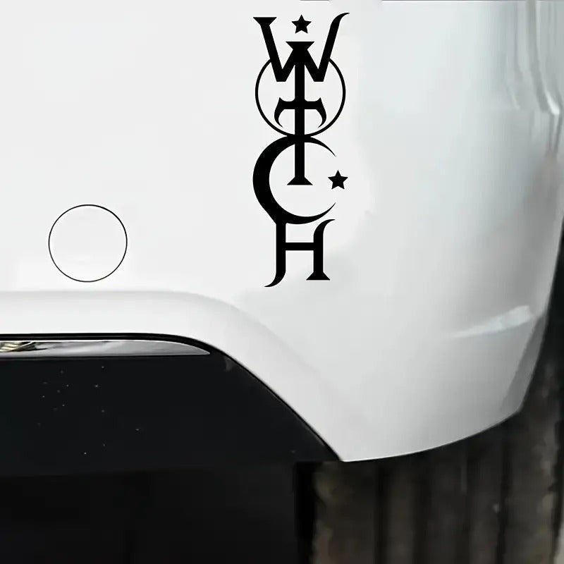 The Witches' Quest black witch themed vinyl decal sticker applied to a white car bumper