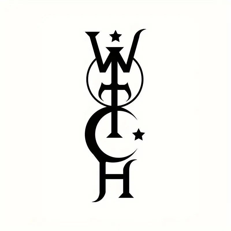 The Witches' Quest black vinyl decal featuring a vertical witch-themed design with crescent moon and star motifs.