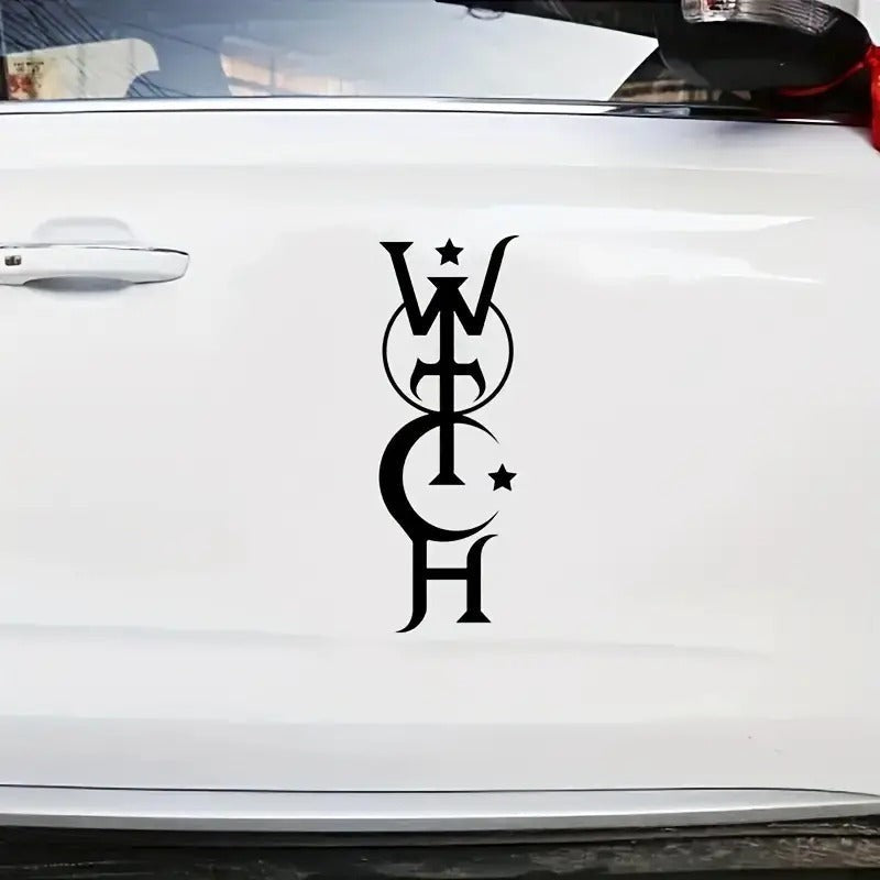 The Witches' Quest black vinyl witch decal applied to a white car door featuring stylized lettering and star symbols.