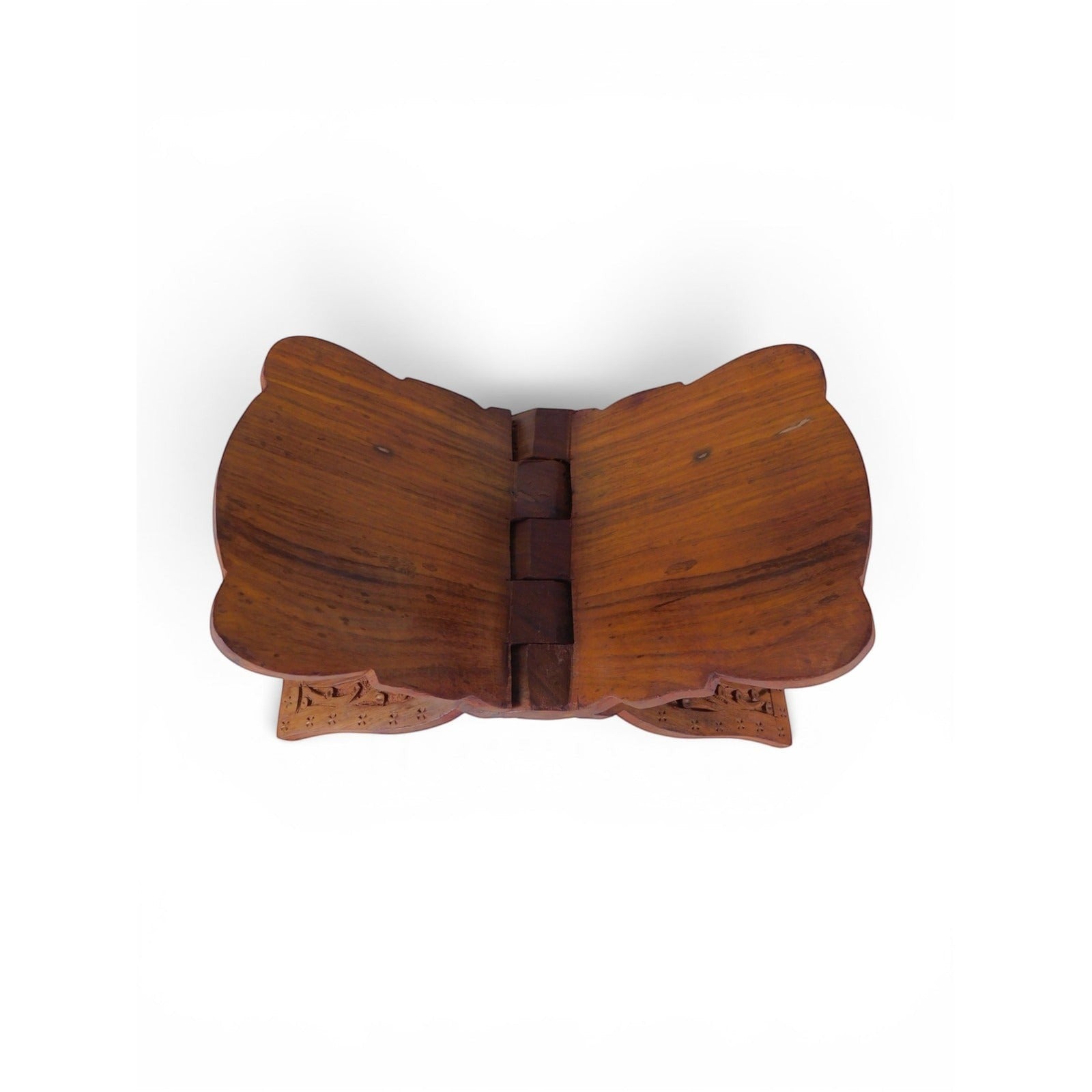The Witches' Quest handcrafted wooden book stand with intricate carvings and a collapsible design for ritual books.