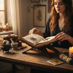The Witches' Quest handcrafted wooden book stand with triquetra carving holding an open book on a rustic desk.