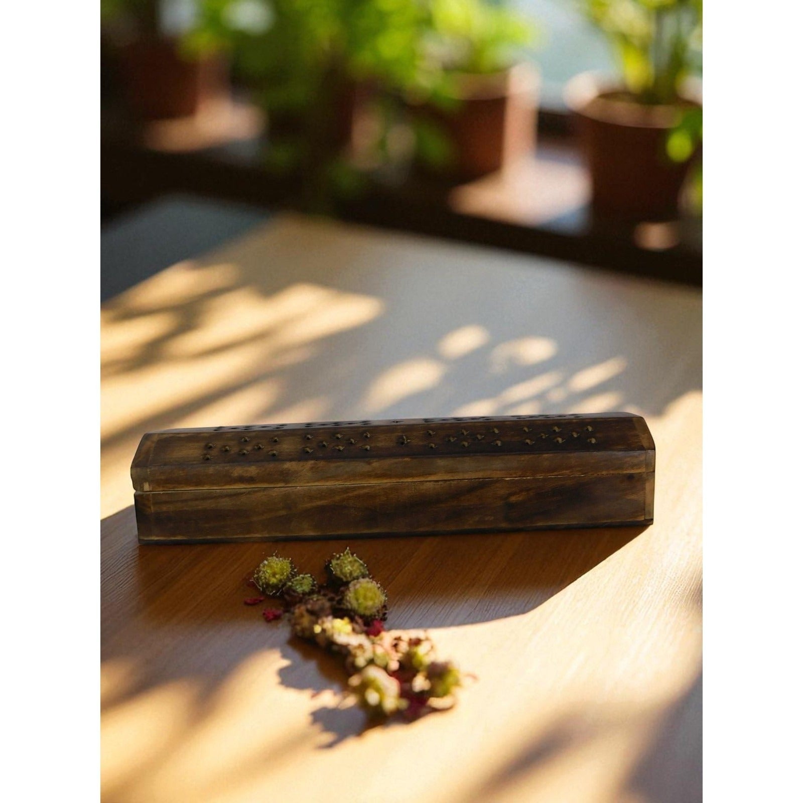 The Witches' Quest rustic wooden incense burner box with intricate lid ventilation for sticks and cones.