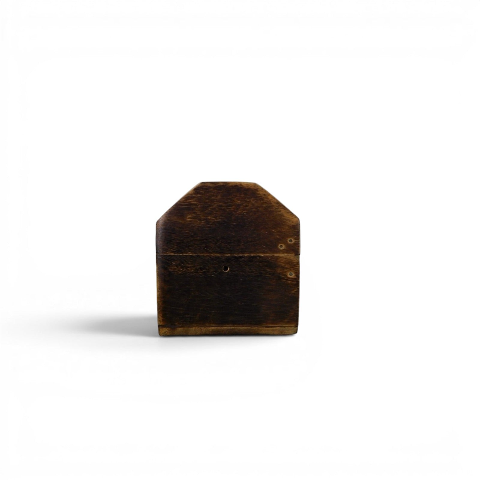 The Witches' Quest rustic wooden incense burner box with a dark stained finish and beveled top view