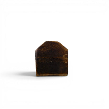 The Witches' Quest rustic wooden incense burner box with a dark stained finish and beveled top view
