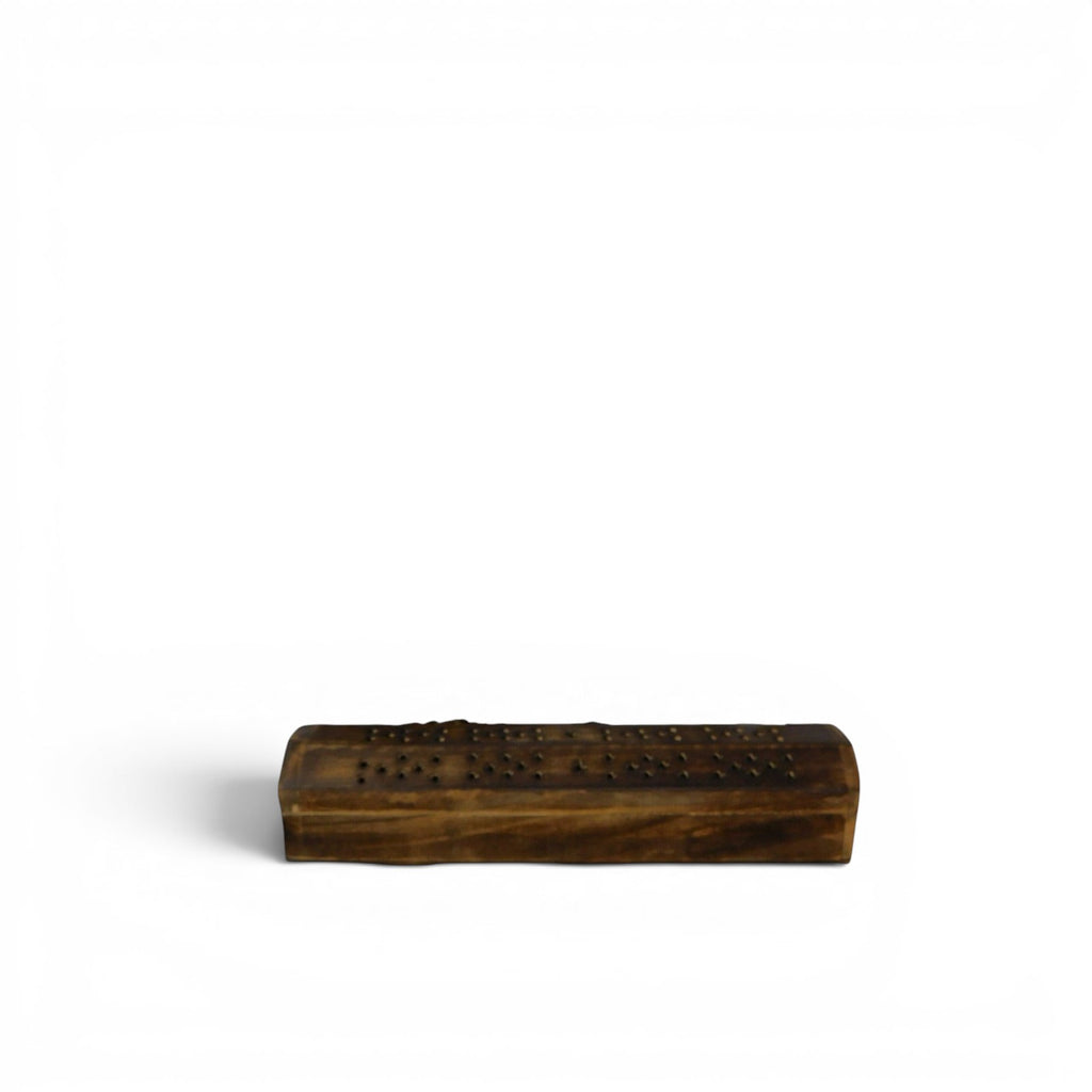 The Witches' Quest rustic wooden incense burner box with intricate air holes for smoke diffusion and ash containment.