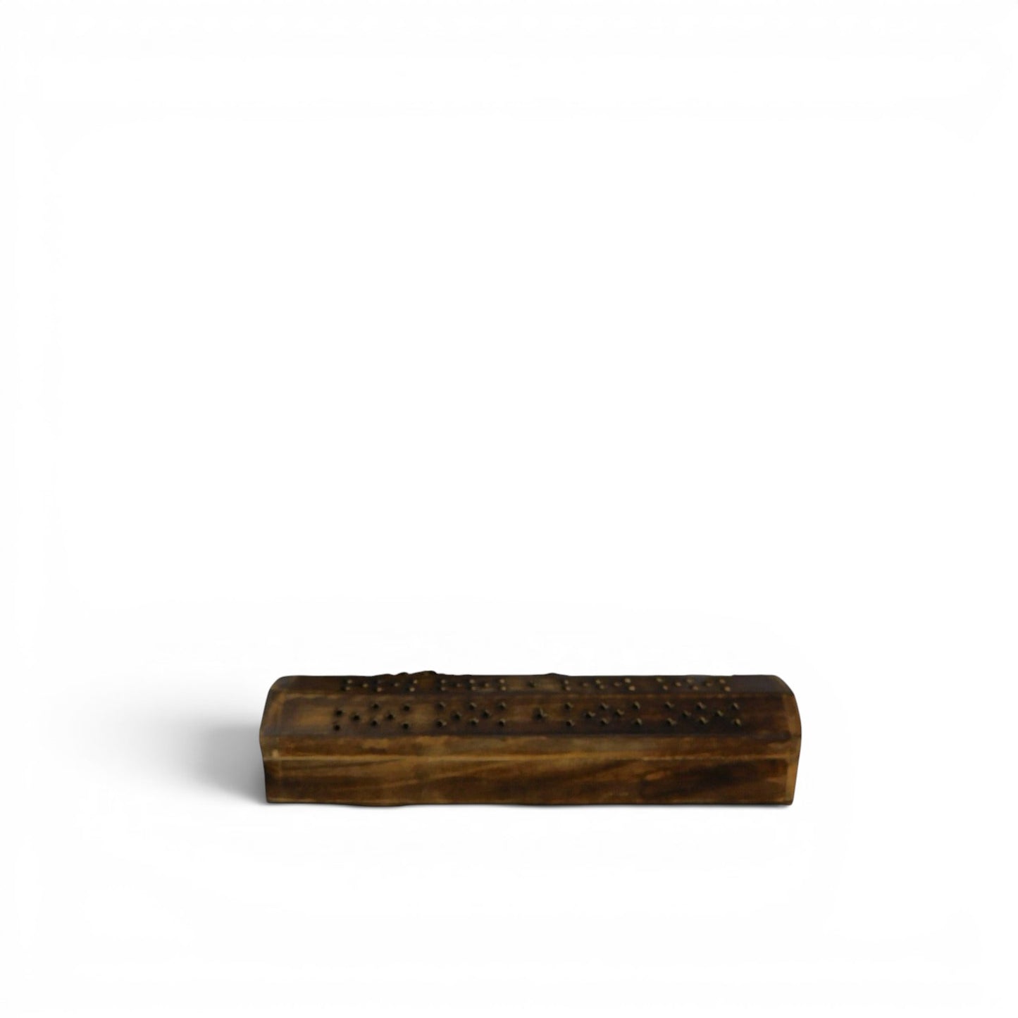 The Witches' Quest rustic wooden incense burner box with intricate air holes for smoke diffusion and ash containment.
