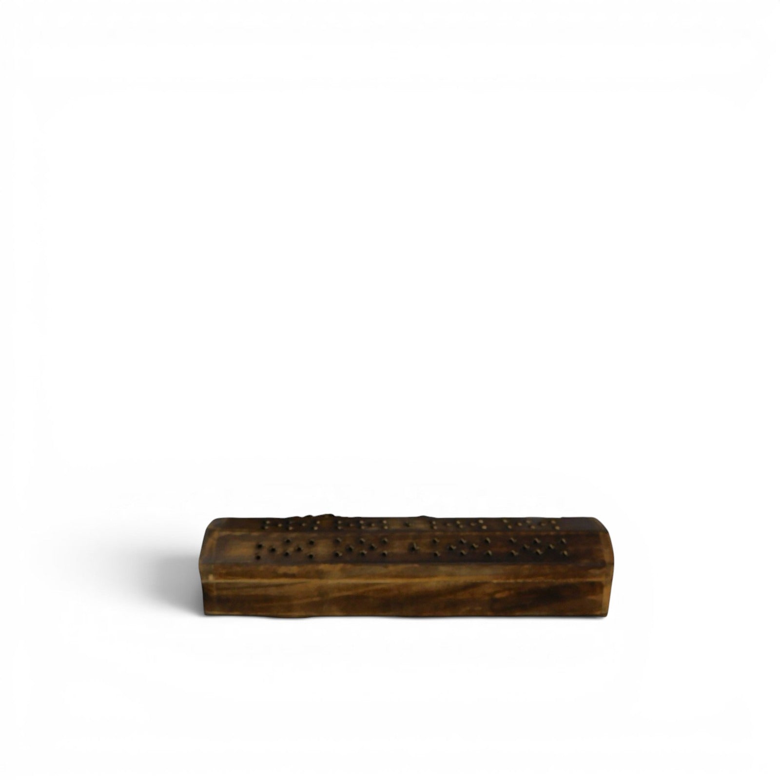 The Witches' Quest rustic wooden incense burner box with intricate air holes for smoke diffusion and ash containment.