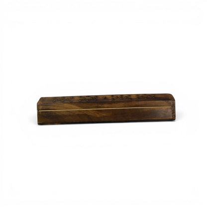 The Witches' Quest rustic wooden incense burner box with intricate ventilation holes for sticks and cones.