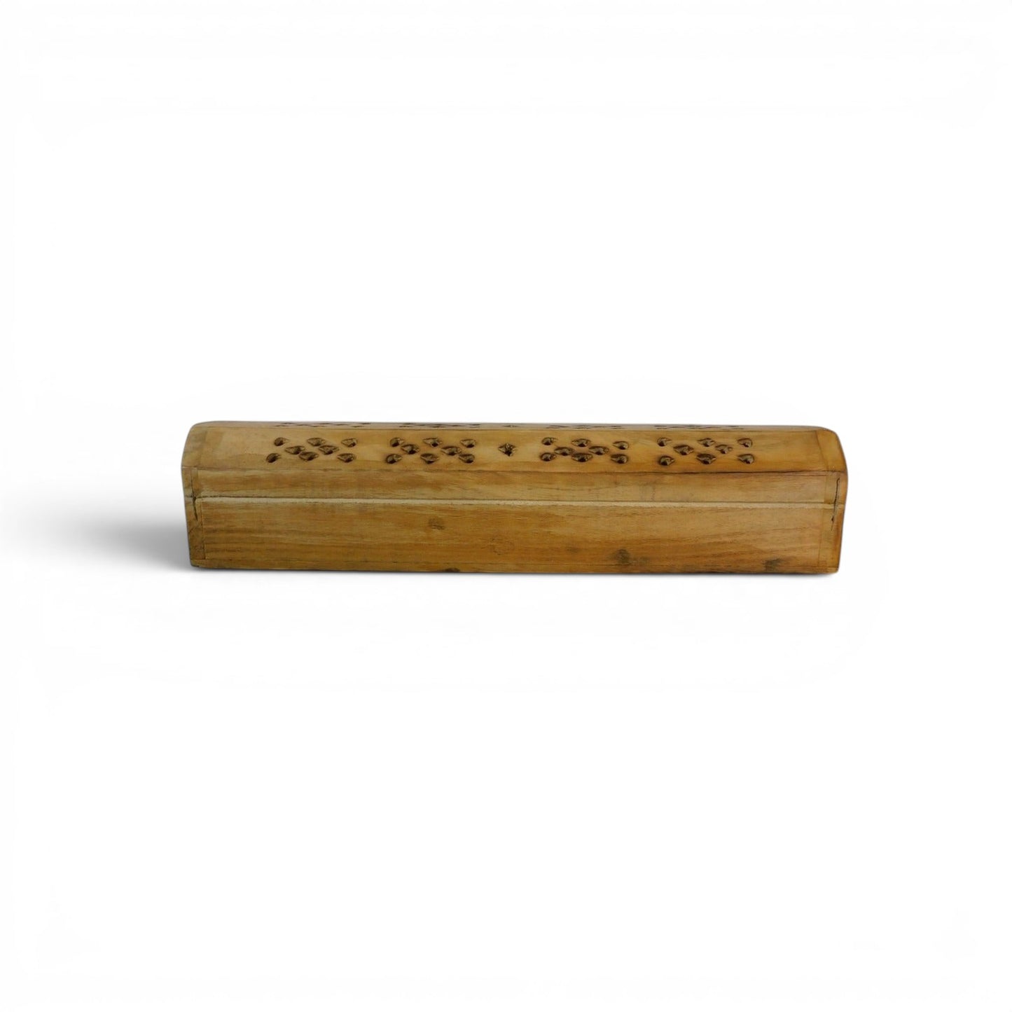 The Witches' Quest handcrafted wooden incense burner box with floral cutouts on a light wood table.