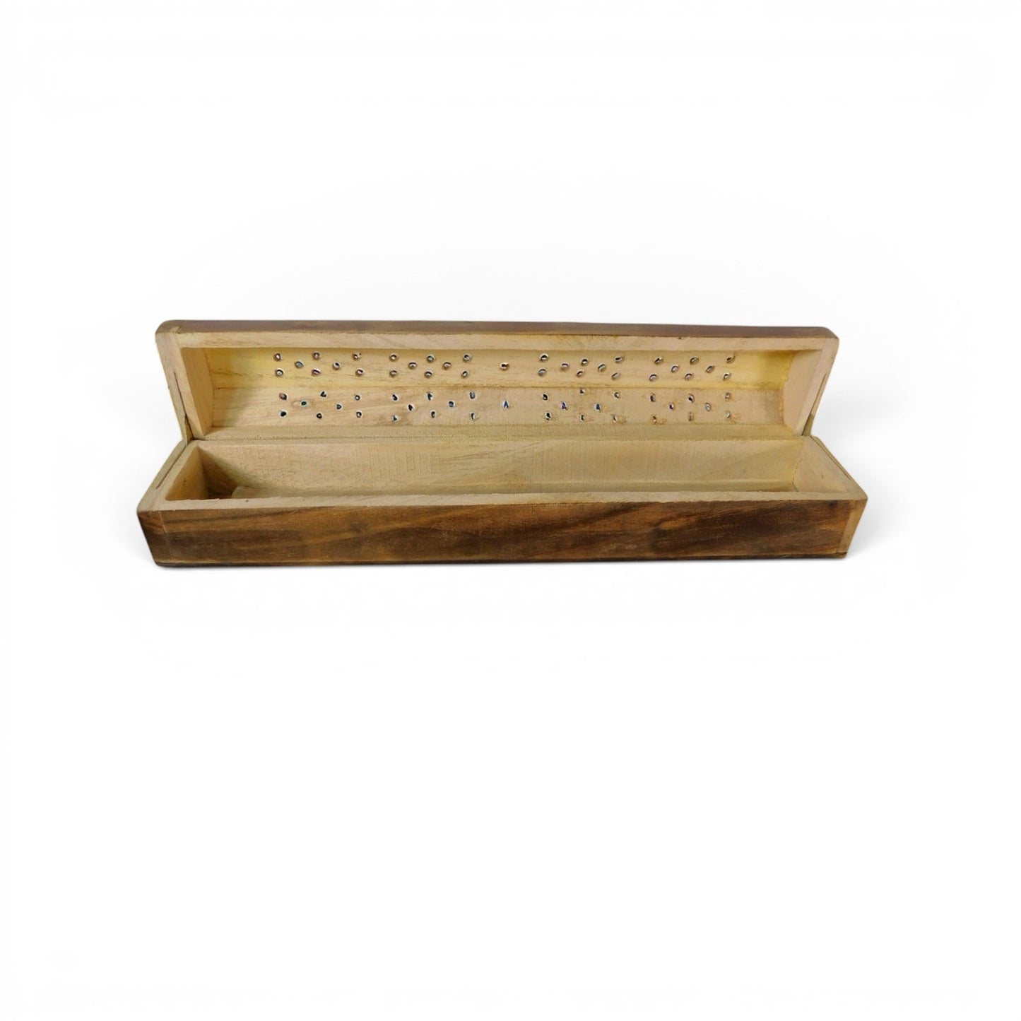 The Witches' Quest rustic wooden incense burner box with hinged lid and ventilation holes for sticks and cones.