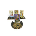 The Witches' Quest wooden tarot card display stand set featuring a gold laser-etched sun disk and moon phase bar.