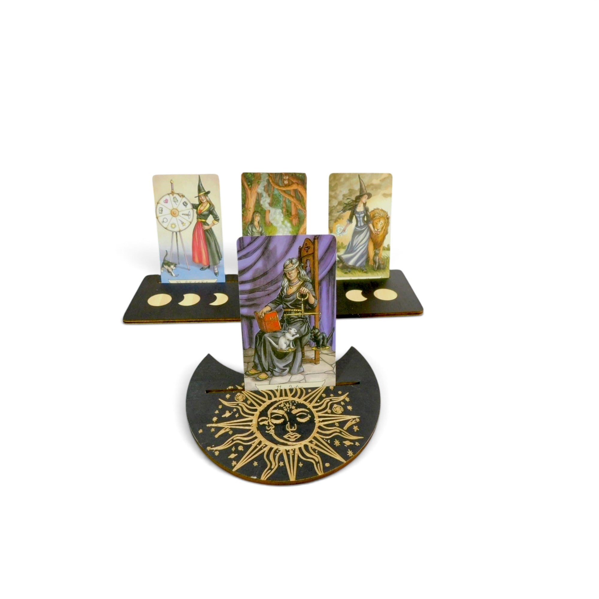 The Witches' Quest wooden tarot card display stand set featuring a gold laser-etched sun disk and moon phase bar.