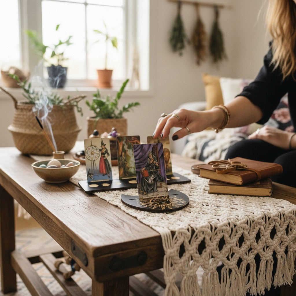 The Witches' Quest wooden tarot card display stand set with gold laser-etched sun and moon phases on a coffee table.