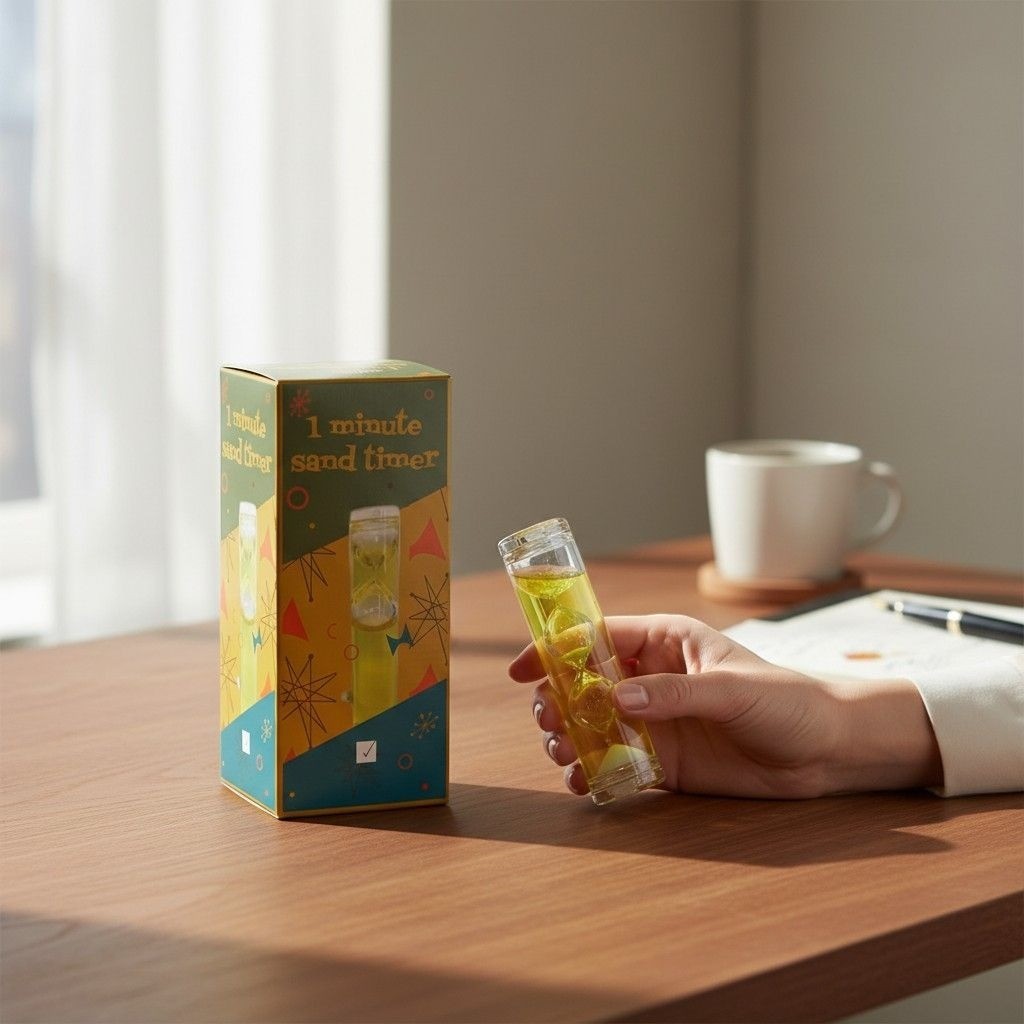 The Witches' Quest 1-minute yellow liquid sand timer held in hand next to its decorative gift box on a wooden desk.