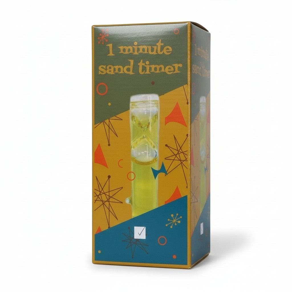 The Witches' Quest 1-minute yellow liquid sand timer in a decorative retro-style gift box for meditation and ritual use.